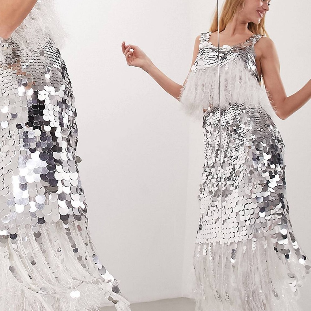 ASOS EDITION silver paillette sequin midi skirt with faux feather hem.